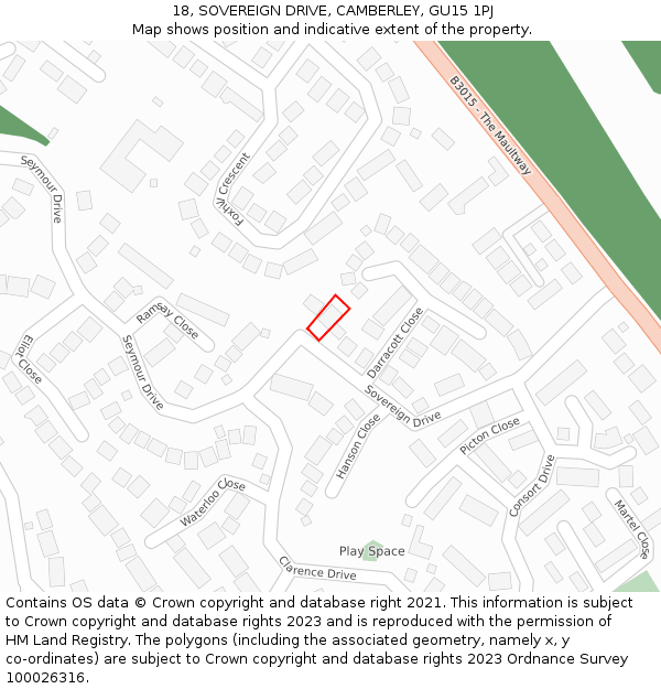 18, SOVEREIGN DRIVE, CAMBERLEY, GU15 1PJ: Location map and indicative extent of plot