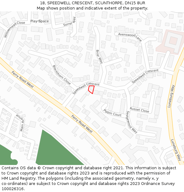 18, SPEEDWELL CRESCENT, SCUNTHORPE, DN15 8UR: Location map and indicative extent of plot