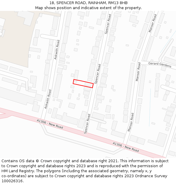 18, SPENCER ROAD, RAINHAM, RM13 8HB: Location map and indicative extent of plot