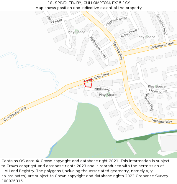 18, SPINDLEBURY, CULLOMPTON, EX15 1SY: Location map and indicative extent of plot