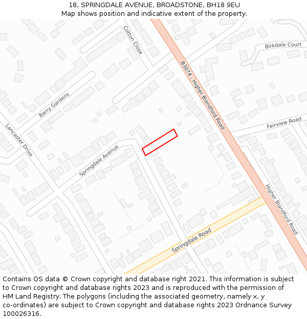 18, SPRINGDALE AVENUE, BROADSTONE, BH18 9EU: Location map and indicative extent of plot