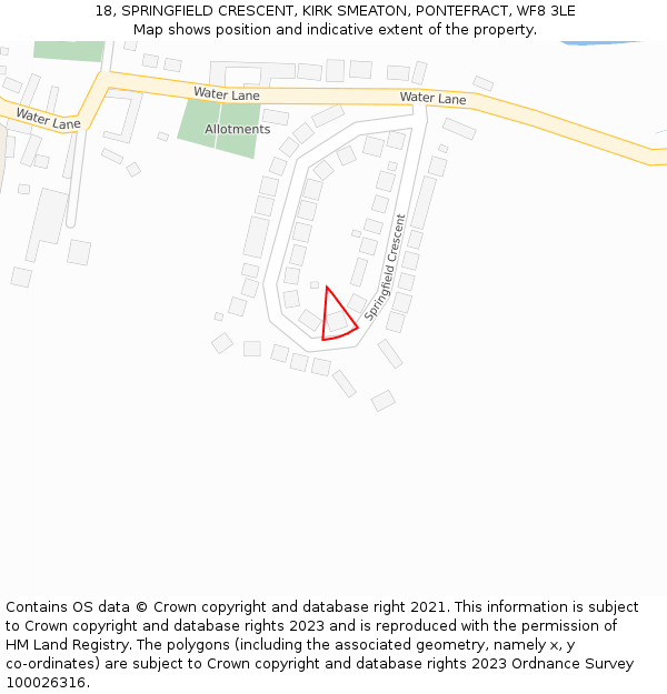 18, SPRINGFIELD CRESCENT, KIRK SMEATON, PONTEFRACT, WF8 3LE: Location map and indicative extent of plot