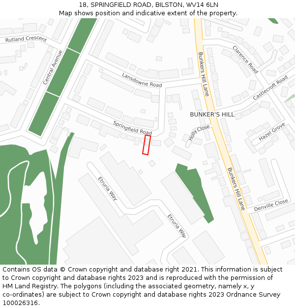 18, SPRINGFIELD ROAD, BILSTON, WV14 6LN: Location map and indicative extent of plot