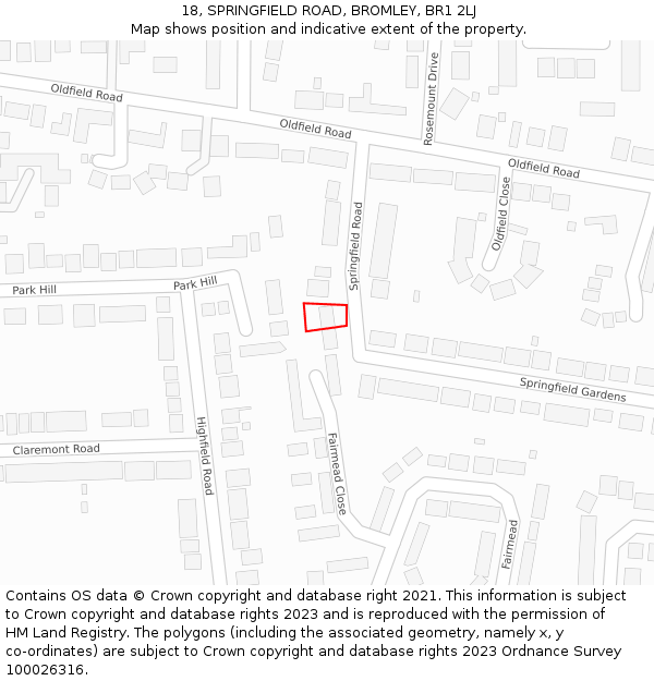 18, SPRINGFIELD ROAD, BROMLEY, BR1 2LJ: Location map and indicative extent of plot