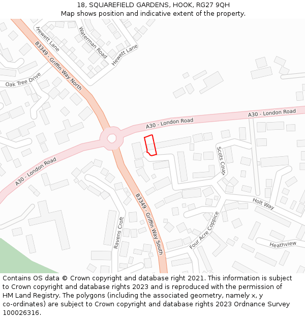 18, SQUAREFIELD GARDENS, HOOK, RG27 9QH: Location map and indicative extent of plot