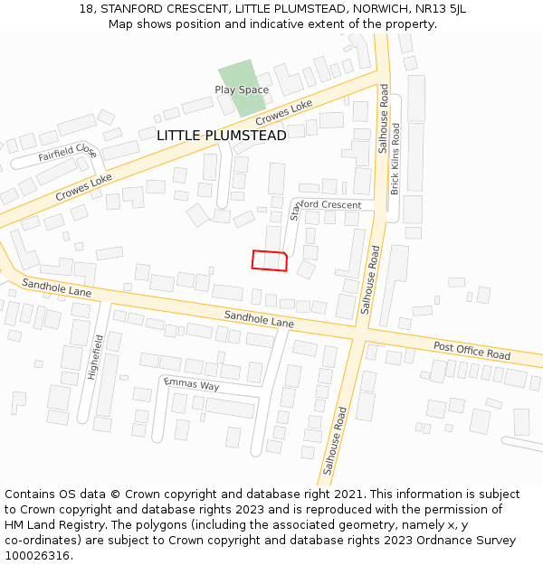 18, STANFORD CRESCENT, LITTLE PLUMSTEAD, NORWICH, NR13 5JL: Location map and indicative extent of plot