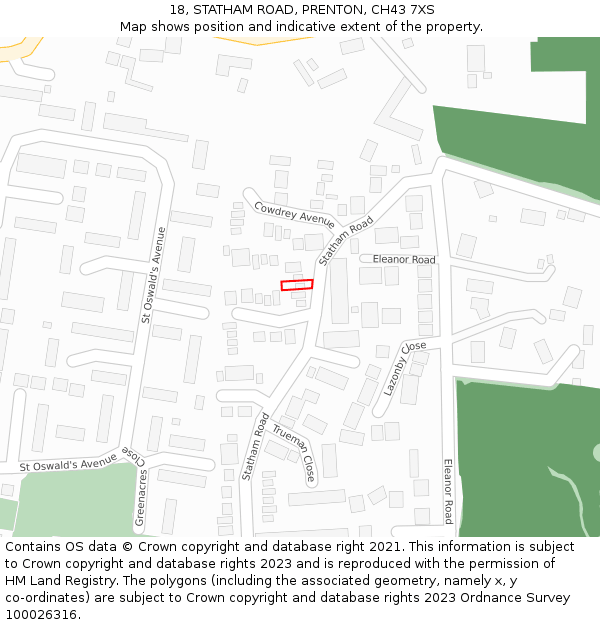 18, STATHAM ROAD, PRENTON, CH43 7XS: Location map and indicative extent of plot