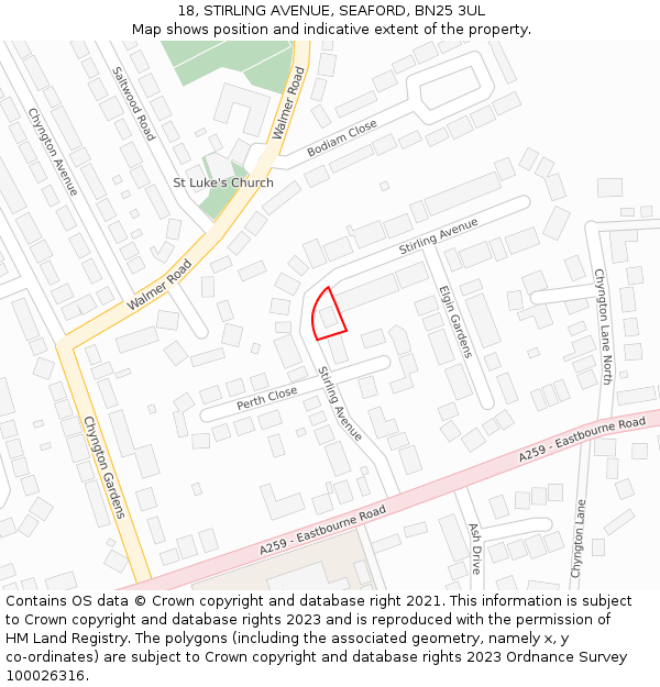 18, STIRLING AVENUE, SEAFORD, BN25 3UL: Location map and indicative extent of plot