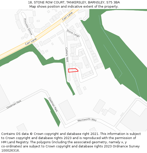 18, STONE ROW COURT, TANKERSLEY, BARNSLEY, S75 3BA: Location map and indicative extent of plot