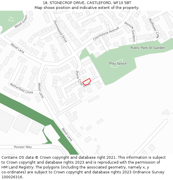 18, STONECROP DRIVE, CASTLEFORD, WF10 5BT: Location map and indicative extent of plot