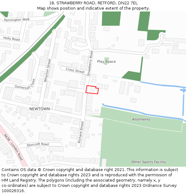 18, STRAWBERRY ROAD, RETFORD, DN22 7EL: Location map and indicative extent of plot