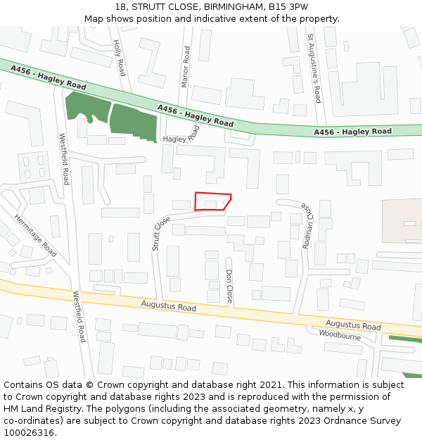 18, STRUTT CLOSE, BIRMINGHAM, B15 3PW: Location map and indicative extent of plot