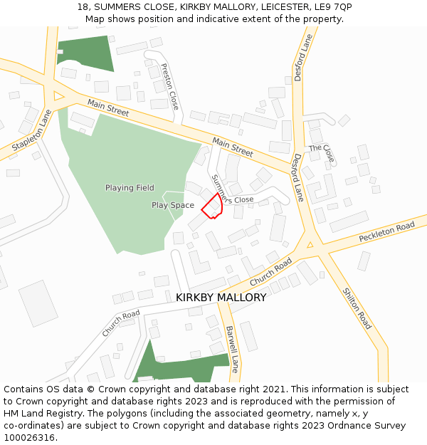 18, SUMMERS CLOSE, KIRKBY MALLORY, LEICESTER, LE9 7QP: Location map and indicative extent of plot