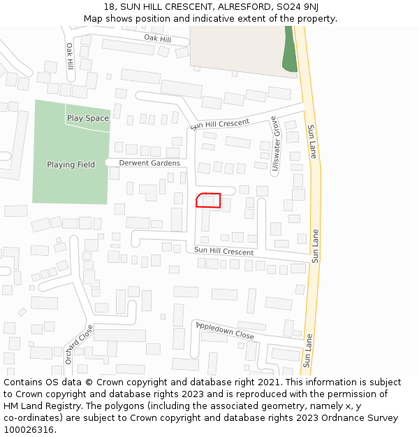 18, SUN HILL CRESCENT, ALRESFORD, SO24 9NJ: Location map and indicative extent of plot