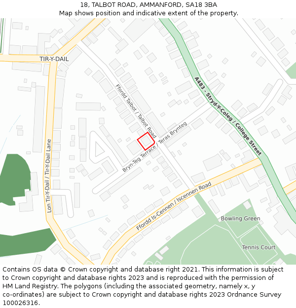 18, TALBOT ROAD, AMMANFORD, SA18 3BA: Location map and indicative extent of plot