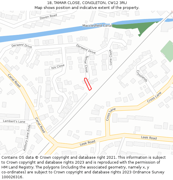 18, TAMAR CLOSE, CONGLETON, CW12 3RU: Location map and indicative extent of plot