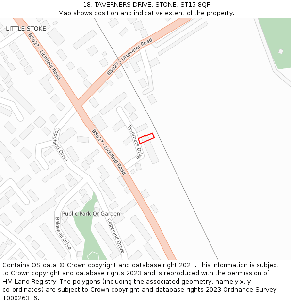 18, TAVERNERS DRIVE, STONE, ST15 8QF: Location map and indicative extent of plot