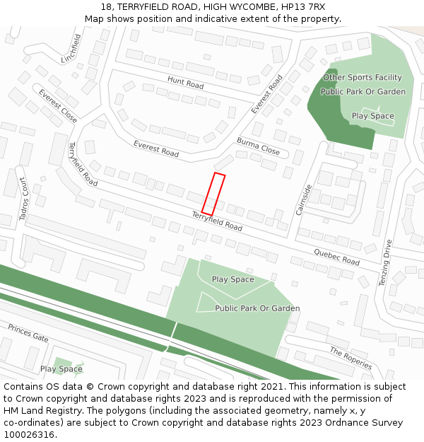 18, TERRYFIELD ROAD, HIGH WYCOMBE, HP13 7RX: Location map and indicative extent of plot