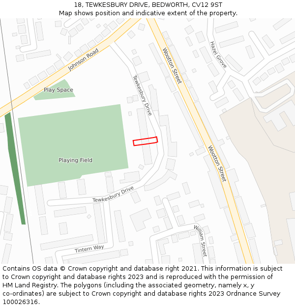 18, TEWKESBURY DRIVE, BEDWORTH, CV12 9ST: Location map and indicative extent of plot