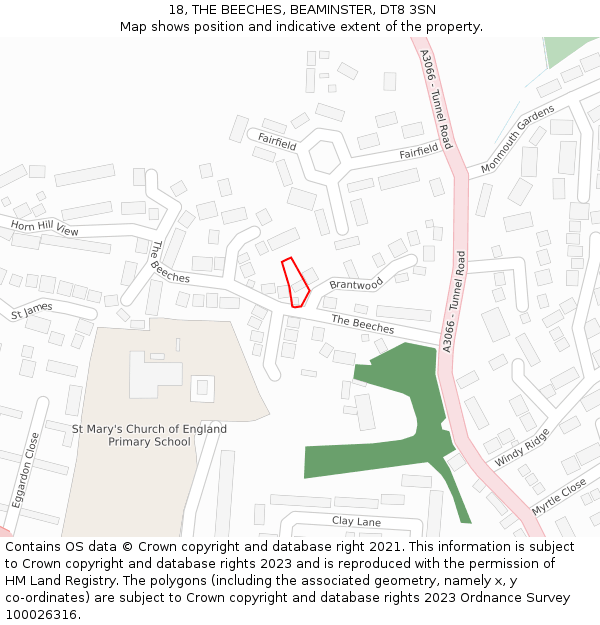 18, THE BEECHES, BEAMINSTER, DT8 3SN: Location map and indicative extent of plot