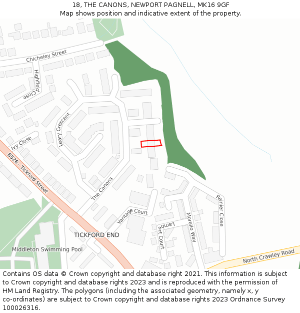 18, THE CANONS, NEWPORT PAGNELL, MK16 9GF: Location map and indicative extent of plot