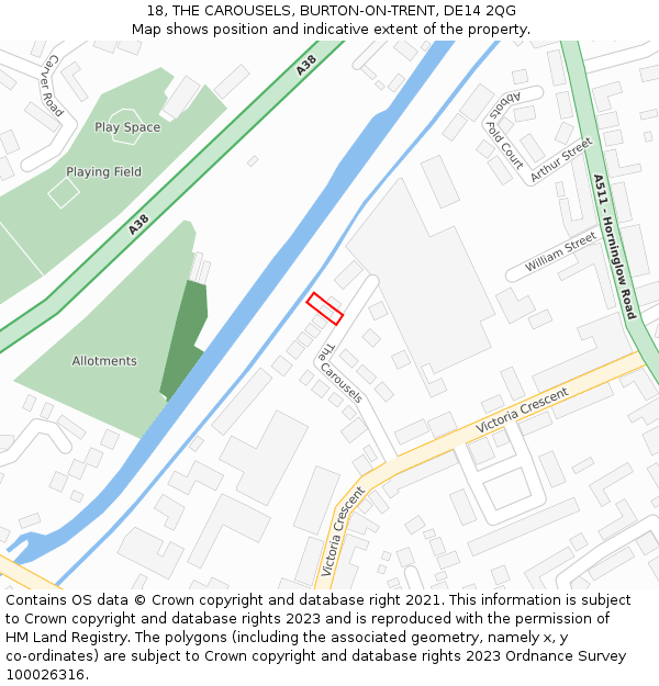 18, THE CAROUSELS, BURTON-ON-TRENT, DE14 2QG: Location map and indicative extent of plot