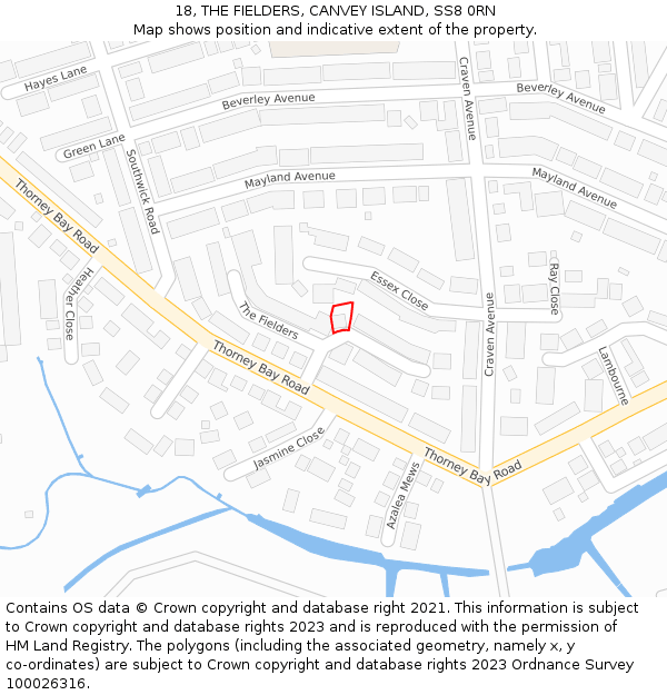 18, THE FIELDERS, CANVEY ISLAND, SS8 0RN: Location map and indicative extent of plot