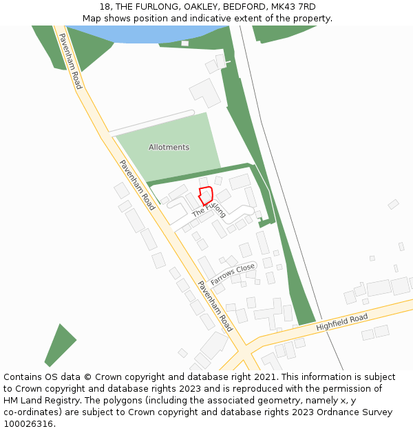 18, THE FURLONG, OAKLEY, BEDFORD, MK43 7RD: Location map and indicative extent of plot