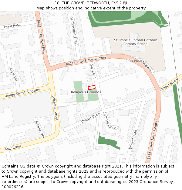 18, THE GROVE, BEDWORTH, CV12 8JL: Location map and indicative extent of plot