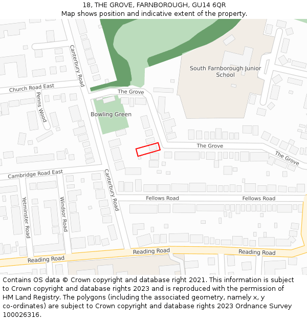 18, THE GROVE, FARNBOROUGH, GU14 6QR: Location map and indicative extent of plot