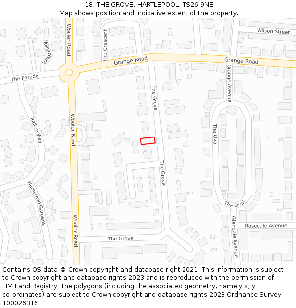 18, THE GROVE, HARTLEPOOL, TS26 9NE: Location map and indicative extent of plot