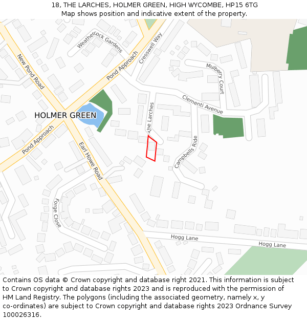 18, THE LARCHES, HOLMER GREEN, HIGH WYCOMBE, HP15 6TG: Location map and indicative extent of plot