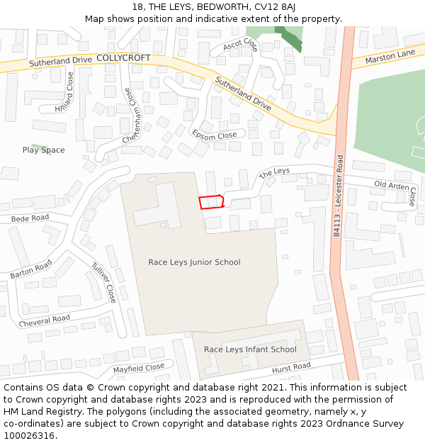 18, THE LEYS, BEDWORTH, CV12 8AJ: Location map and indicative extent of plot