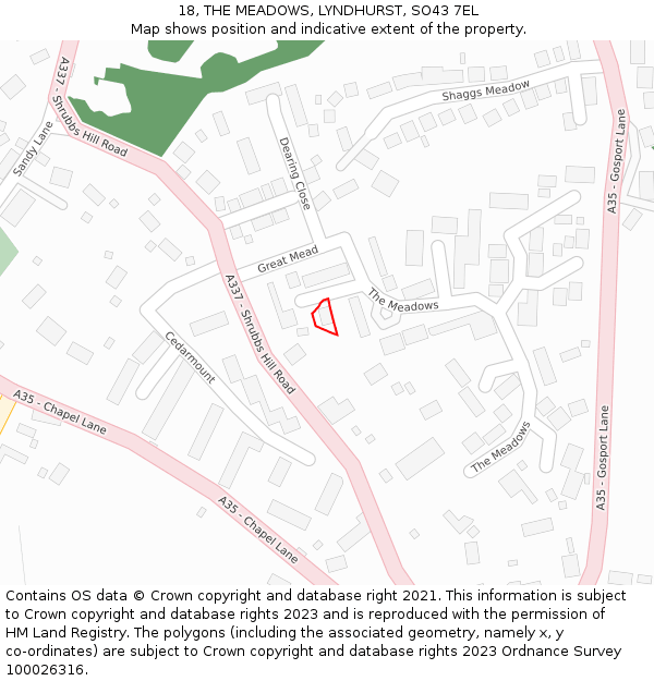 18, THE MEADOWS, LYNDHURST, SO43 7EL: Location map and indicative extent of plot