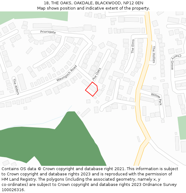 18, THE OAKS, OAKDALE, BLACKWOOD, NP12 0EN: Location map and indicative extent of plot