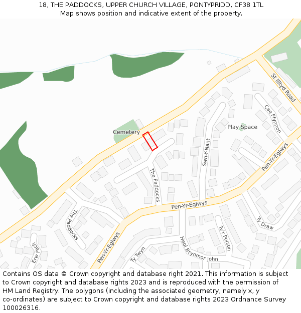 18, THE PADDOCKS, UPPER CHURCH VILLAGE, PONTYPRIDD, CF38 1TL: Location map and indicative extent of plot
