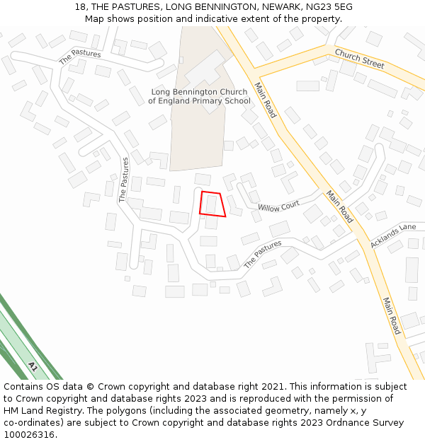 18, THE PASTURES, LONG BENNINGTON, NEWARK, NG23 5EG: Location map and indicative extent of plot