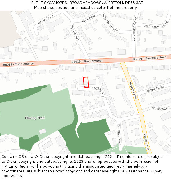 18, THE SYCAMORES, BROADMEADOWS, ALFRETON, DE55 3AE: Location map and indicative extent of plot