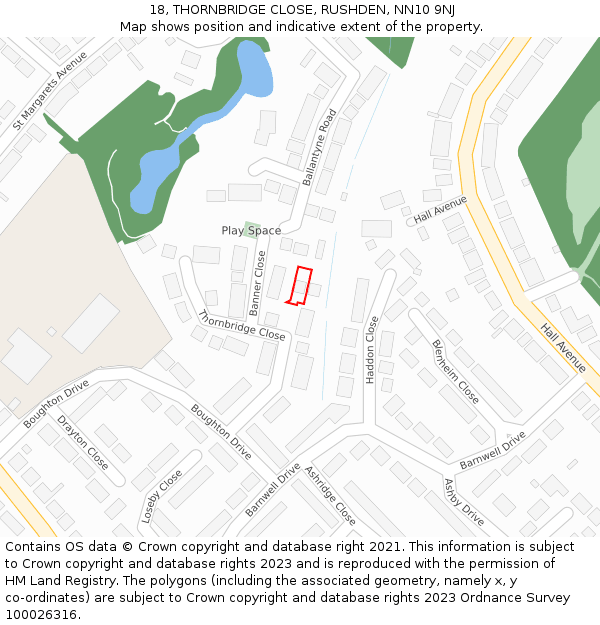 18, THORNBRIDGE CLOSE, RUSHDEN, NN10 9NJ: Location map and indicative extent of plot