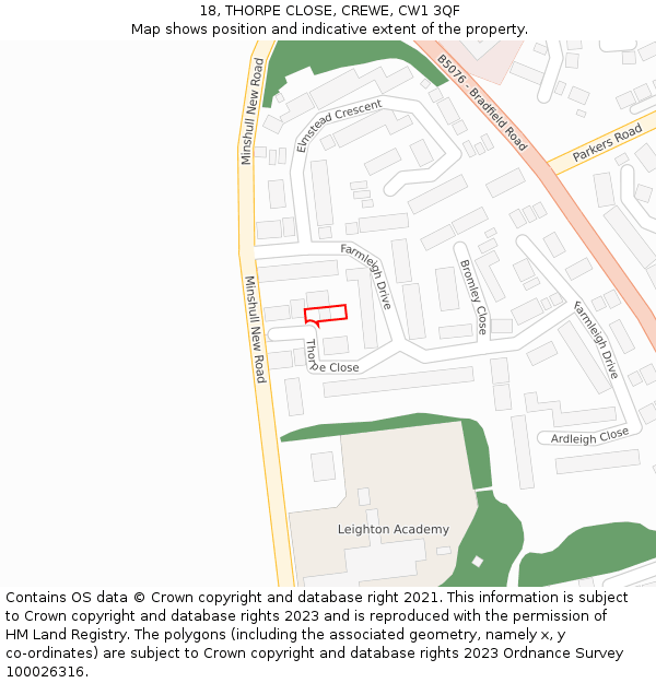 18, THORPE CLOSE, CREWE, CW1 3QF: Location map and indicative extent of plot