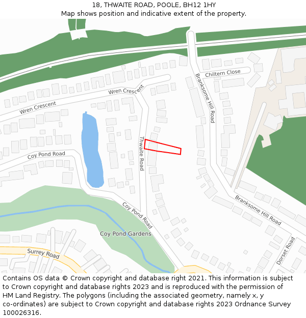 18, THWAITE ROAD, POOLE, BH12 1HY: Location map and indicative extent of plot