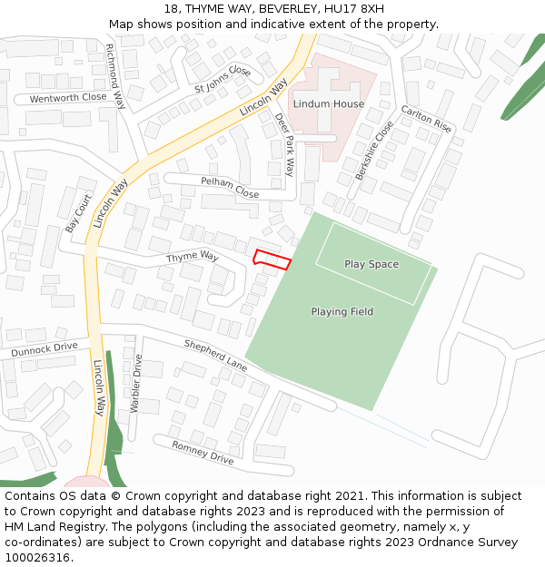 18, THYME WAY, BEVERLEY, HU17 8XH: Location map and indicative extent of plot