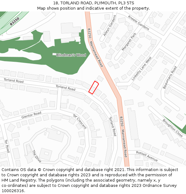 18, TORLAND ROAD, PLYMOUTH, PL3 5TS: Location map and indicative extent of plot