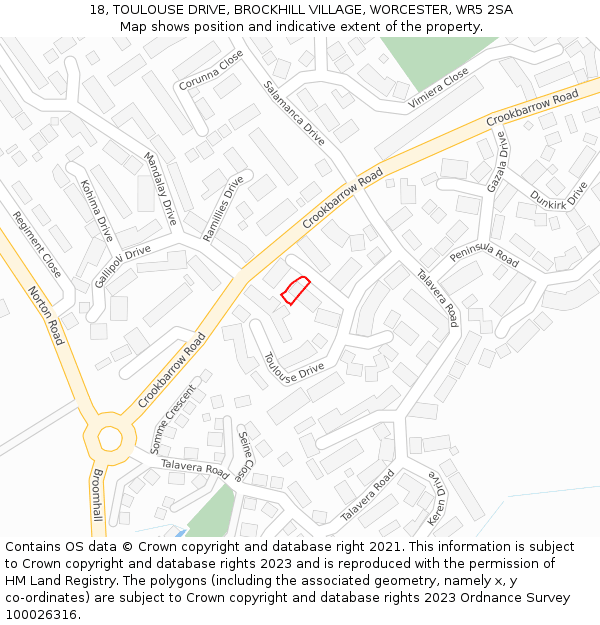 18, TOULOUSE DRIVE, BROCKHILL VILLAGE, WORCESTER, WR5 2SA: Location map and indicative extent of plot