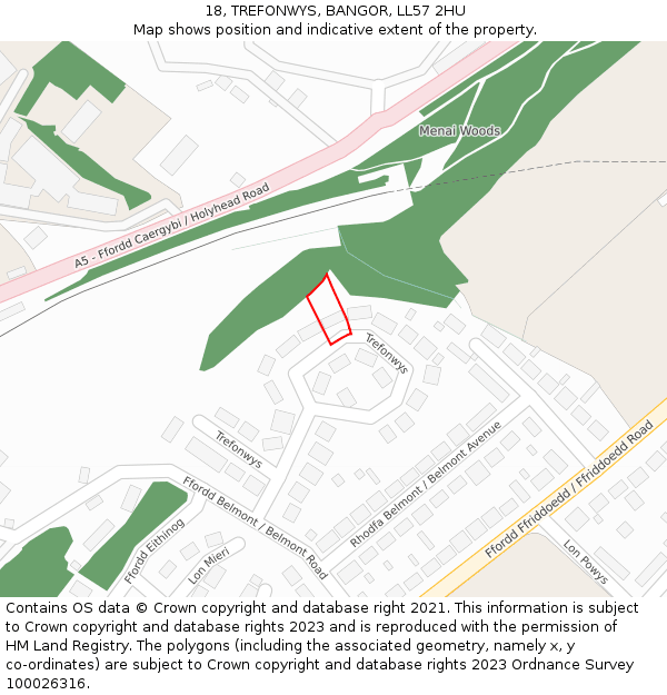18, TREFONWYS, BANGOR, LL57 2HU: Location map and indicative extent of plot