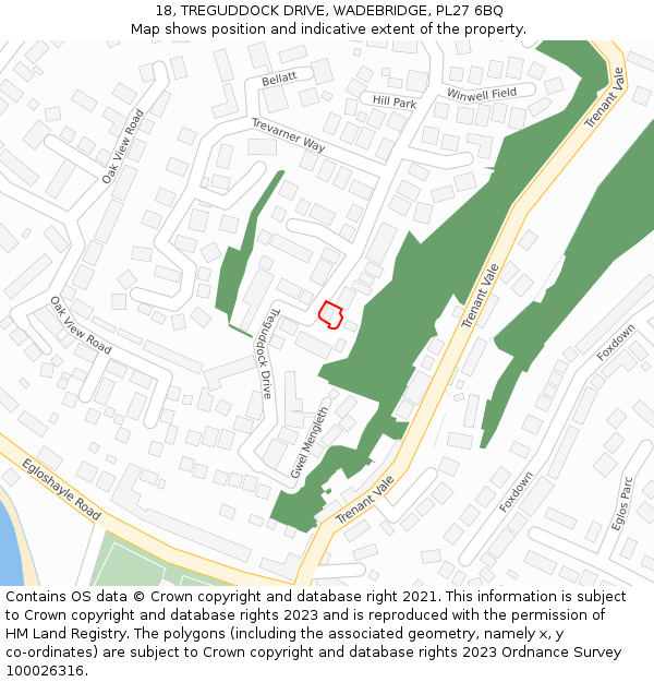 18, TREGUDDOCK DRIVE, WADEBRIDGE, PL27 6BQ: Location map and indicative extent of plot