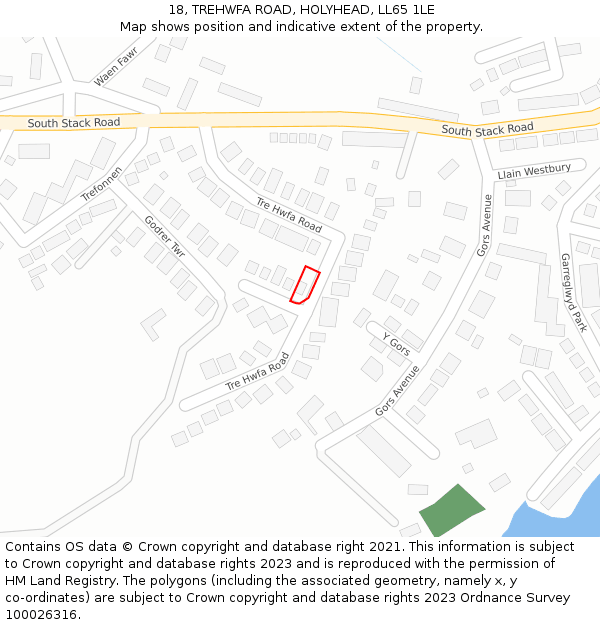 18, TREHWFA ROAD, HOLYHEAD, LL65 1LE: Location map and indicative extent of plot
