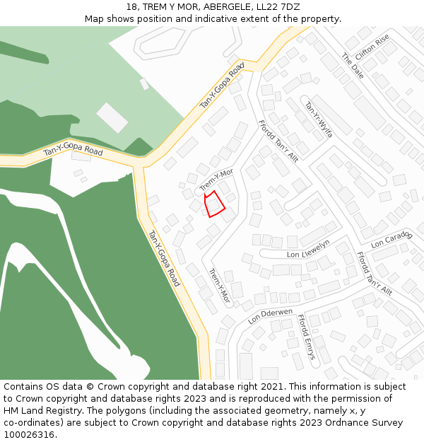 18, TREM Y MOR, ABERGELE, LL22 7DZ: Location map and indicative extent of plot