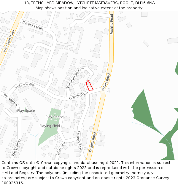 18, TRENCHARD MEADOW, LYTCHETT MATRAVERS, POOLE, BH16 6NA: Location map and indicative extent of plot