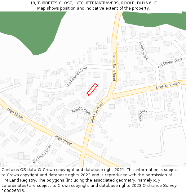 18, TURBETTS CLOSE, LYTCHETT MATRAVERS, POOLE, BH16 6HF: Location map and indicative extent of plot